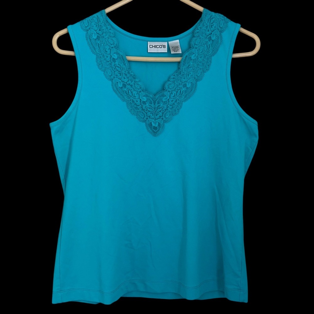 Chicos‎ 1 Turquoise Teal Tank Top M 8-10 Sleeveless Lace Coastal Feminine Casual